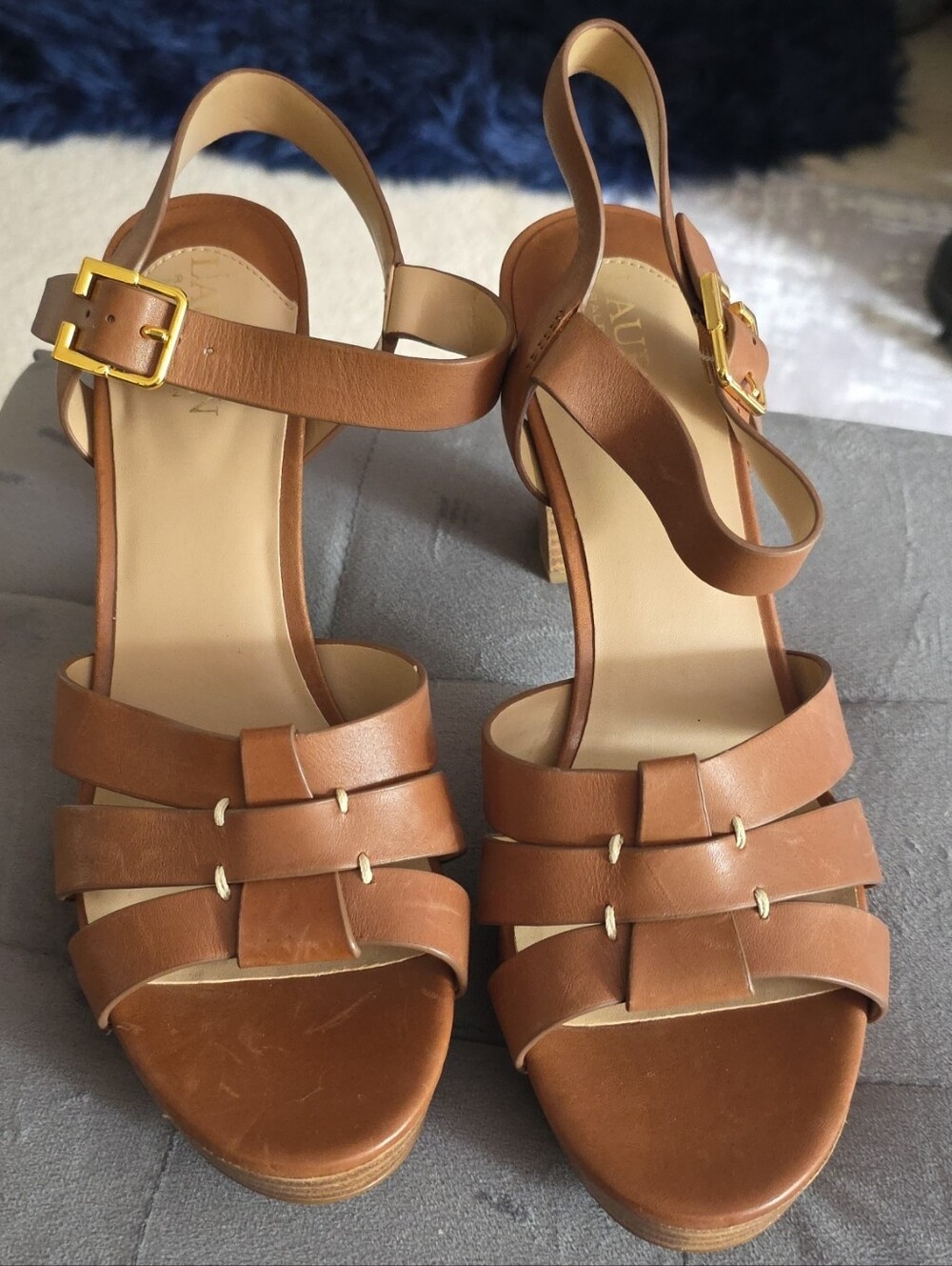 Lauren Ralph Lauren Brown Leather Strappy Slingback Platform Heels Size 9.5 New